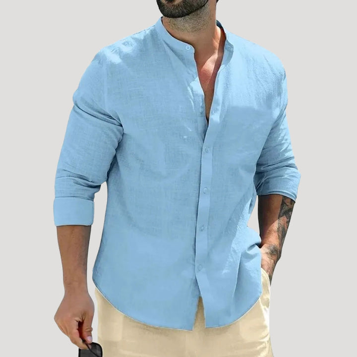 Camicia casual a maniche lunghe in lino con colletto alla "nonno" da uomo