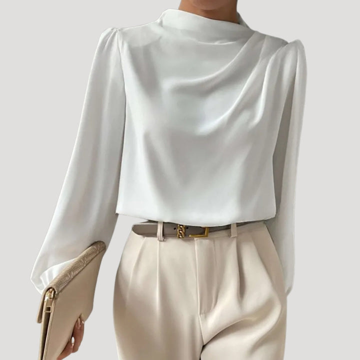 Blusa in satin da donna a maniche lunghe con collo alto