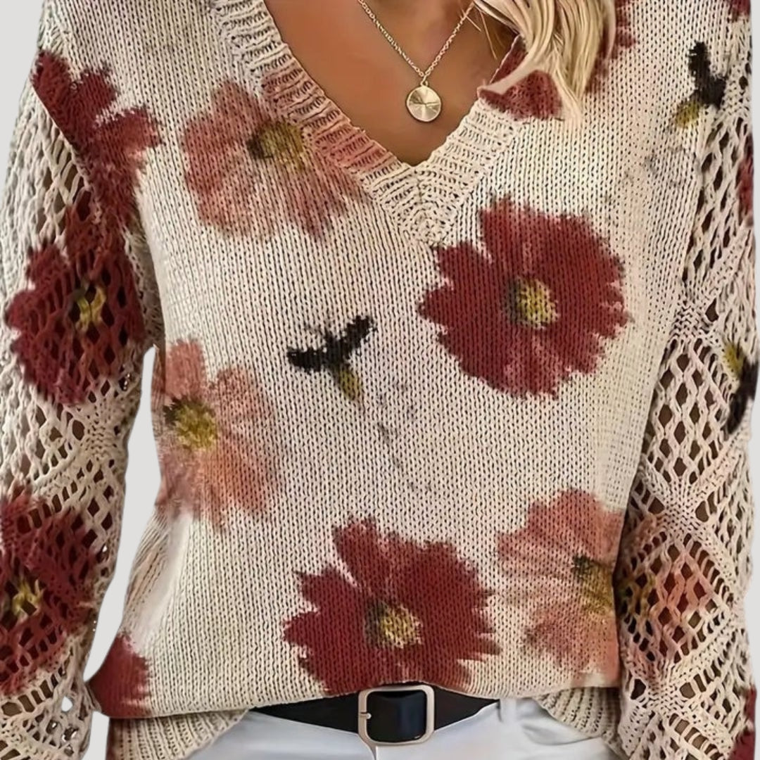 Maglione primaverile a maglia floreale con scollo a V per donne