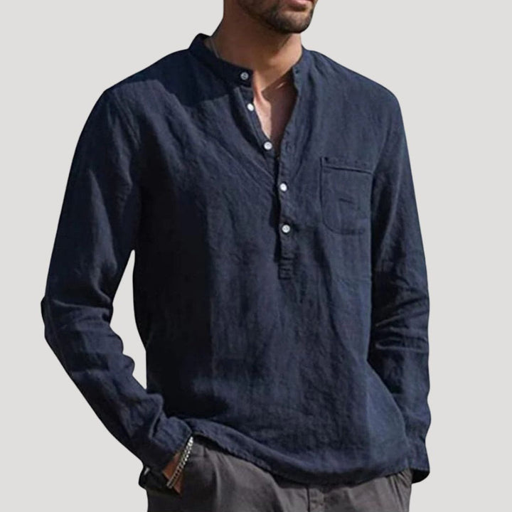 Camicia da uomo in lino a maniche lunghe con colletto alla nonna