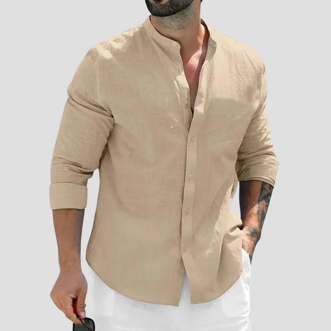 Camicia casual a maniche lunghe in lino con colletto alla "nonno" da uomo