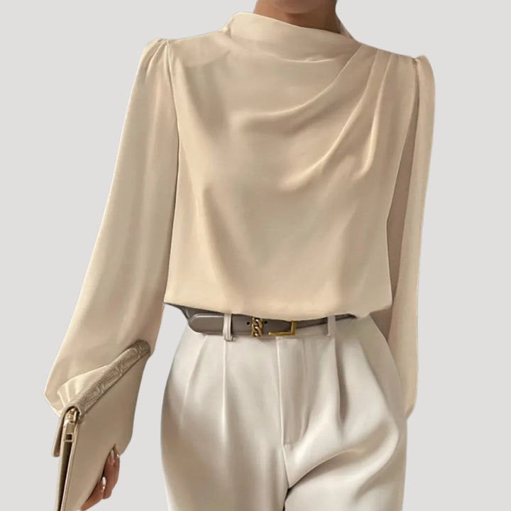 Blusa in satin da donna a maniche lunghe con collo alto