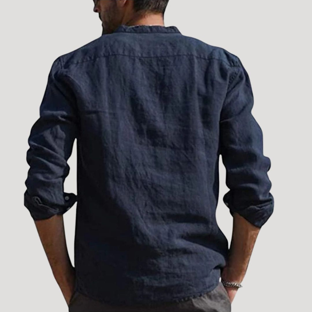 Camicia da uomo in lino a maniche lunghe con colletto alla nonna