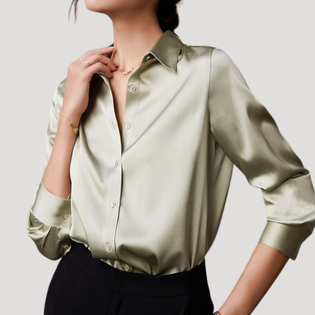 Blusa da donna in satin a maniche lunghe con bottoni
