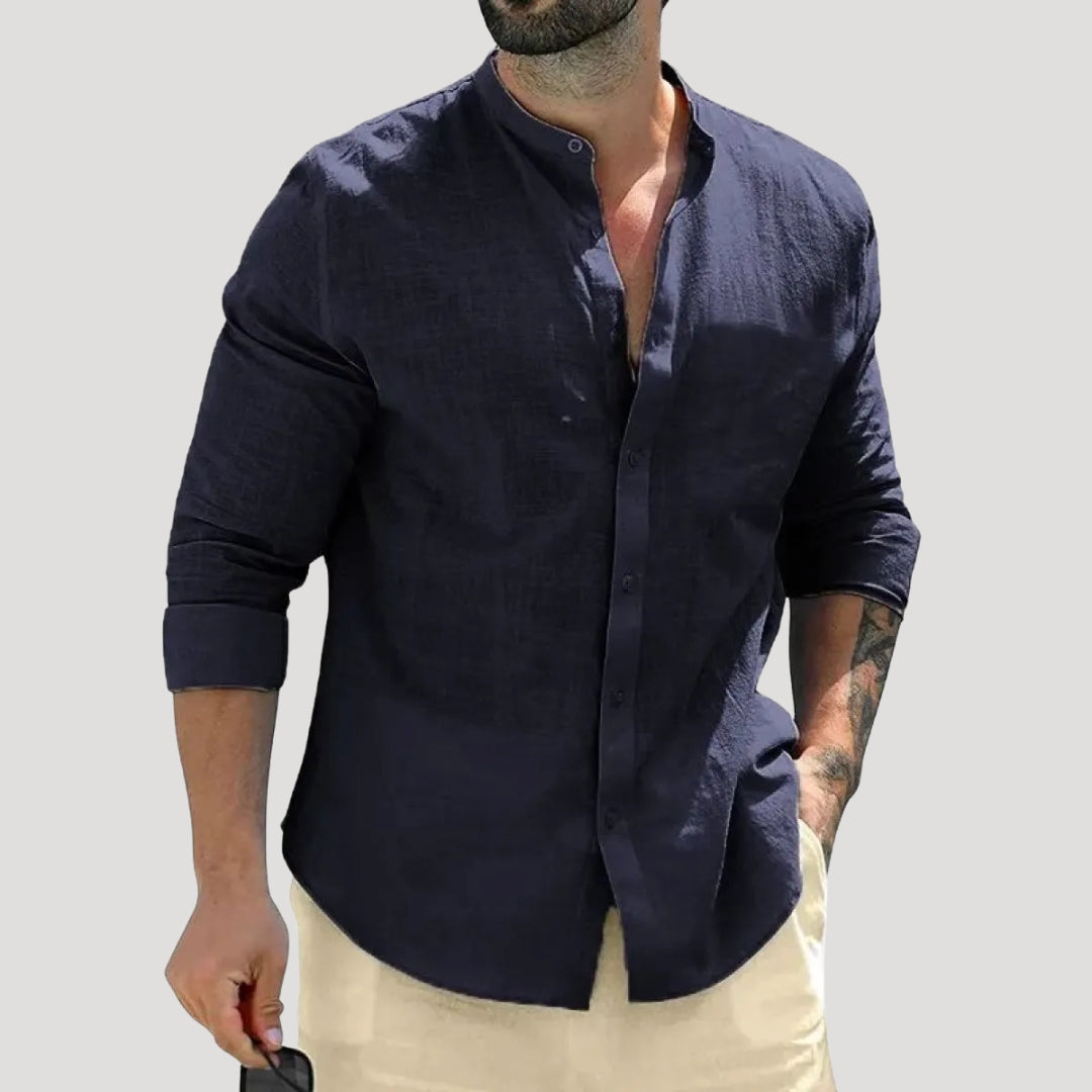 Camicia casual a maniche lunghe in lino con colletto alla "nonno" da uomo