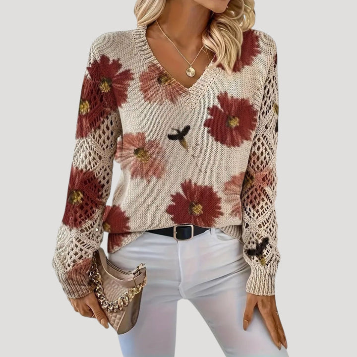 Maglione primaverile a maglia floreale con scollo a V per donne