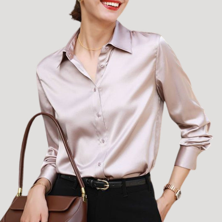Blusa da donna in satin a maniche lunghe con bottoni