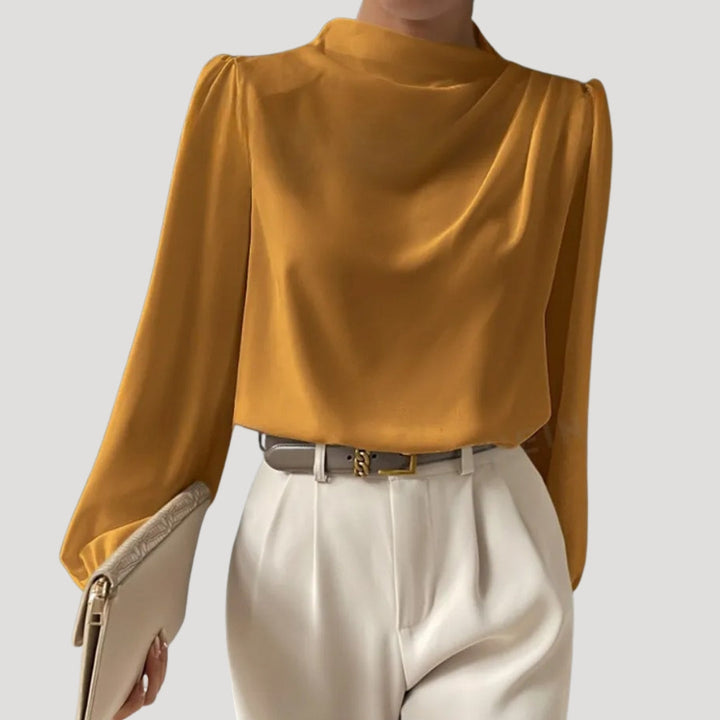 Blusa in satin da donna a maniche lunghe con collo alto