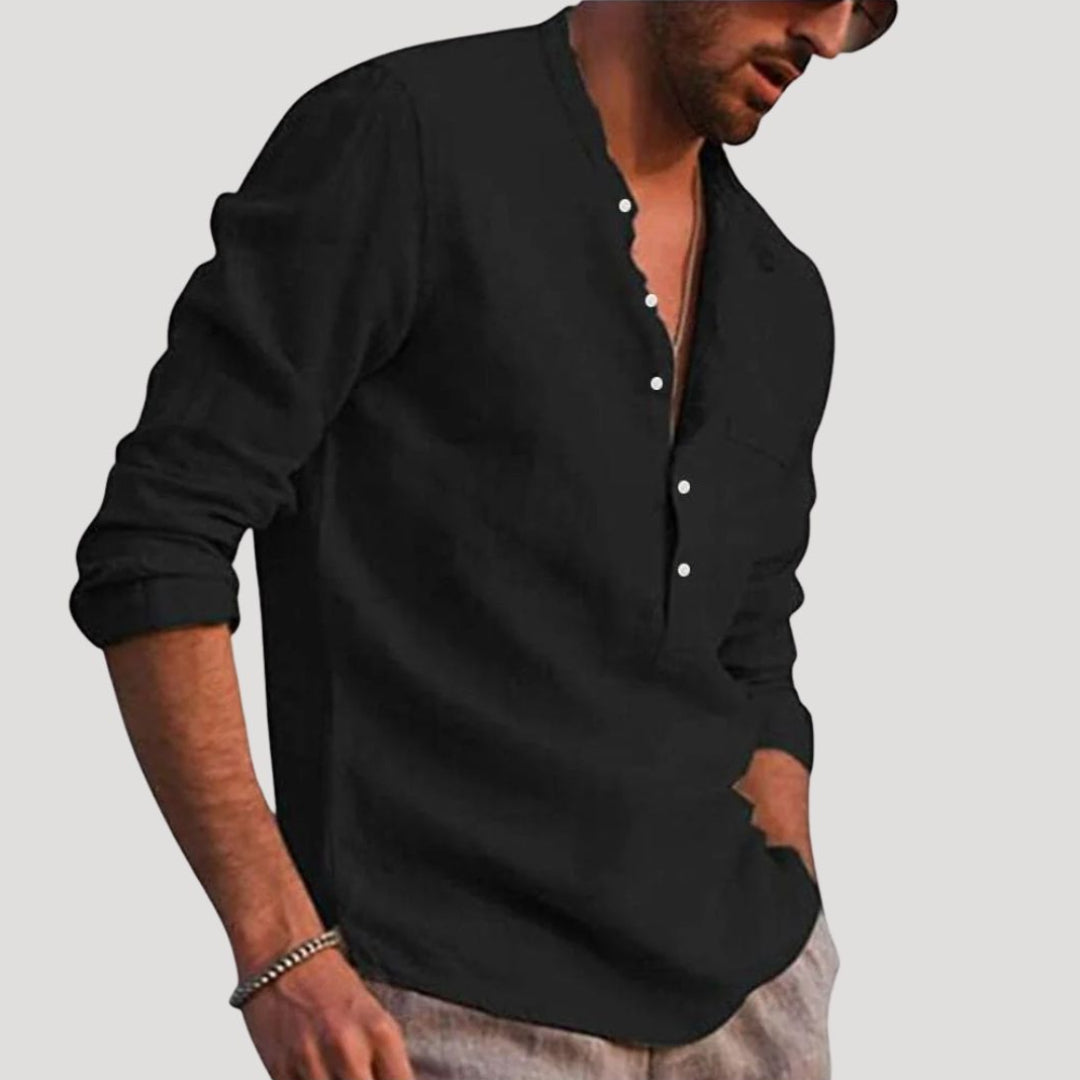 Camicia da uomo in lino a maniche lunghe con colletto alla nonna