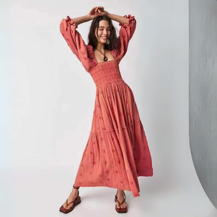 MOIRA™ - Comfy Floral Lantern Sleeve Square Neck Maxi Dress