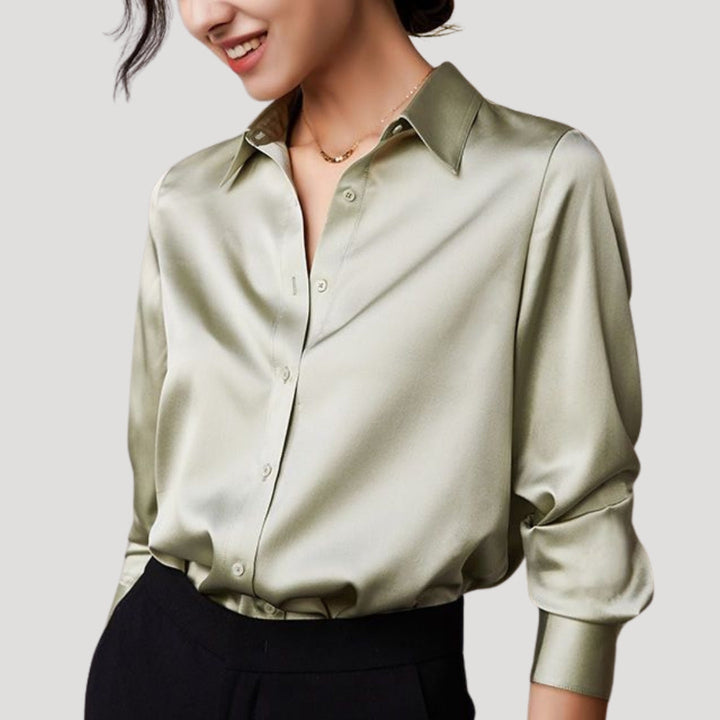 Blusa da donna in satin a maniche lunghe con bottoni