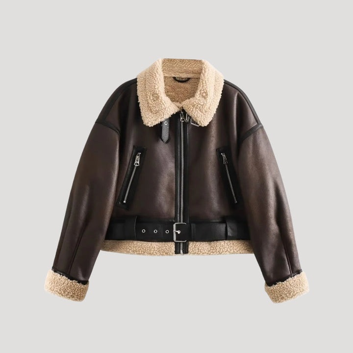 Giacca aviator da donna in ecopelle con pelliccia sintetica, cappotto invernale