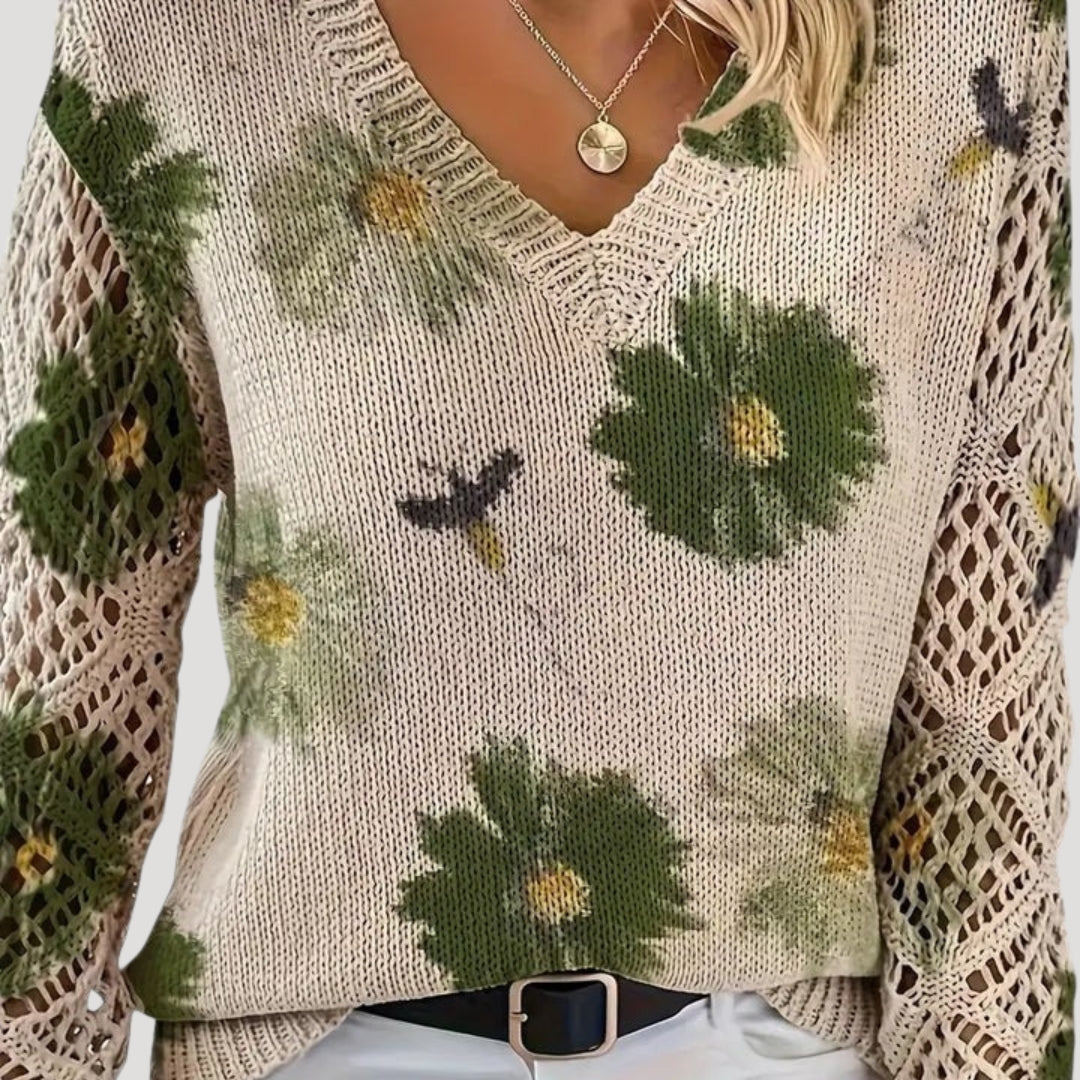 Maglione primaverile a maglia floreale con scollo a V per donne