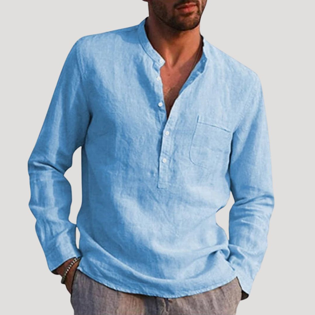 Camicia da uomo in lino a maniche lunghe con colletto alla nonna