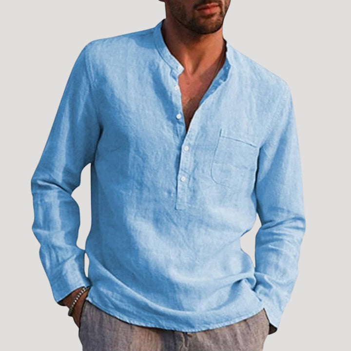 Camicia da uomo in lino a maniche lunghe con colletto alla nonna