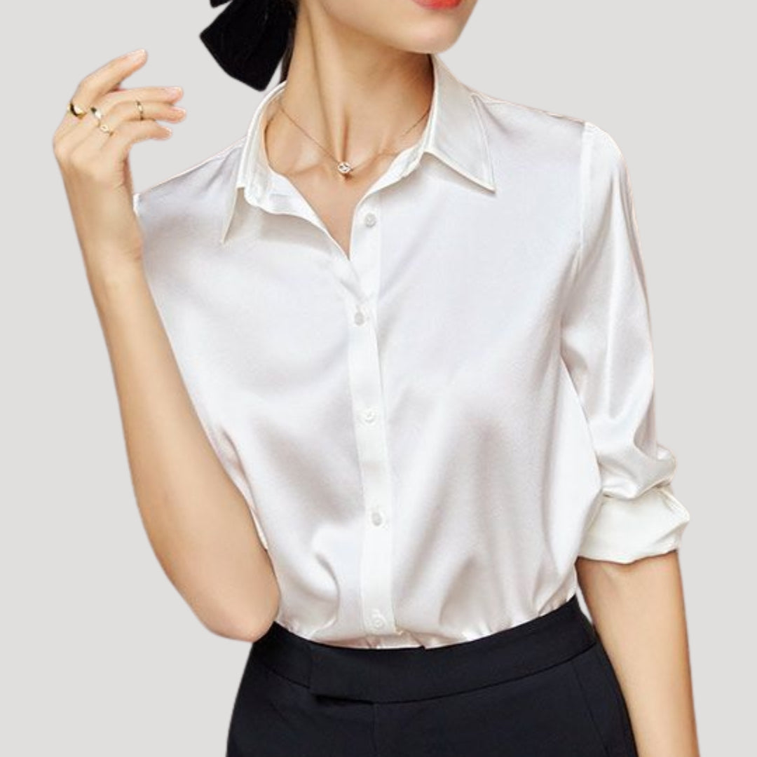 Blusa da donna in satin a maniche lunghe con bottoni