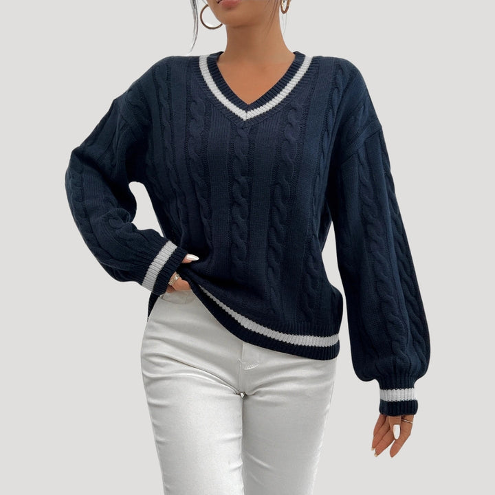 Maglione a collo a V in maglia cable da donna con bordi a contrasto per l'inverno