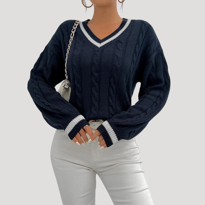 Maglione a collo a V in maglia cable da donna con bordi a contrasto per l'inverno