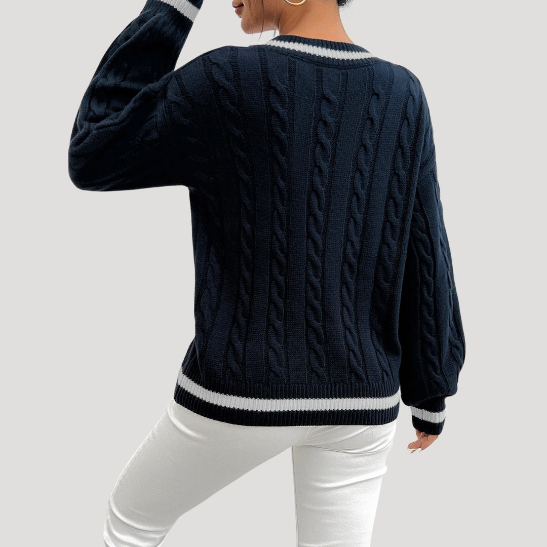 Maglione a collo a V in maglia cable da donna con bordi a contrasto per l'inverno