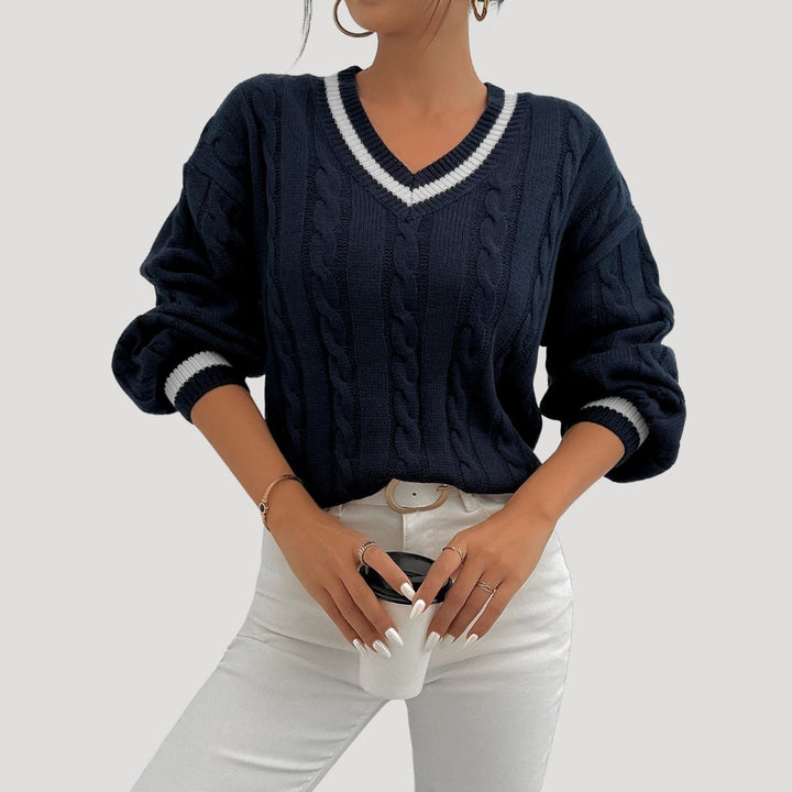 Maglione a collo a V in maglia cable da donna con bordi a contrasto per l'inverno