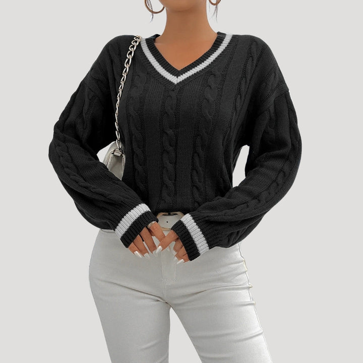 Maglione a collo a V in maglia cable da donna con bordi a contrasto per l'inverno