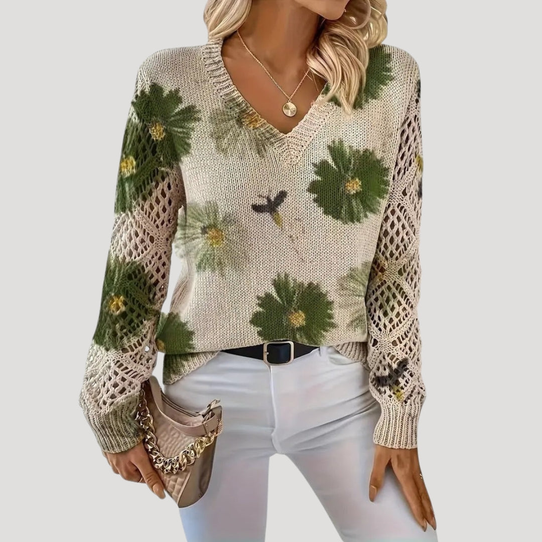Maglione primaverile a maglia floreale con scollo a V per donne