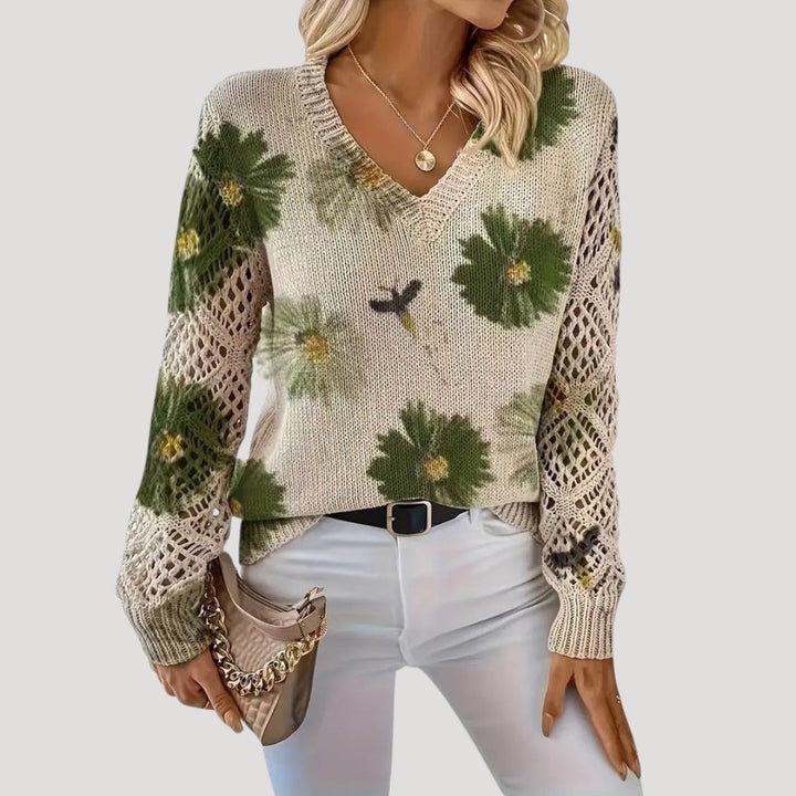 Maglione primaverile a maglia floreale con scollo a V per donne