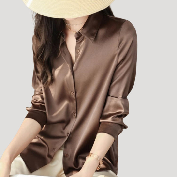 Blusa da donna in satin a maniche lunghe con bottoni