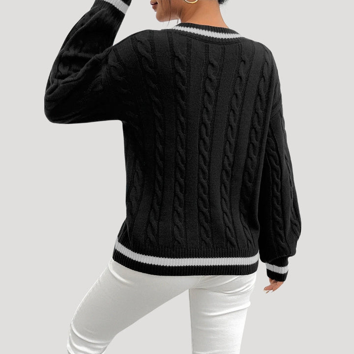 Maglione a collo a V in maglia cable da donna con bordi a contrasto per l'inverno