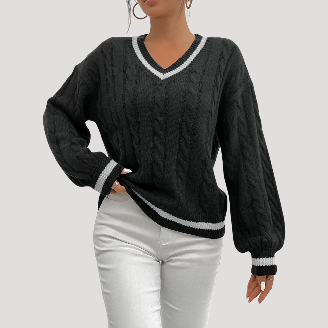 Maglione a collo a V in maglia cable da donna con bordi a contrasto per l'inverno