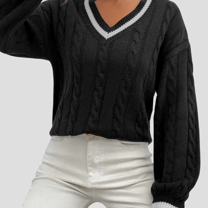 Maglione a collo a V in maglia cable da donna con bordi a contrasto per l'inverno