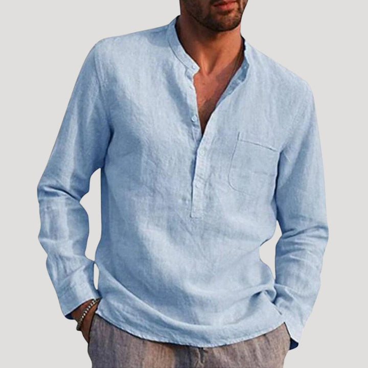 Camicia da uomo in lino a maniche lunghe con colletto alla nonna