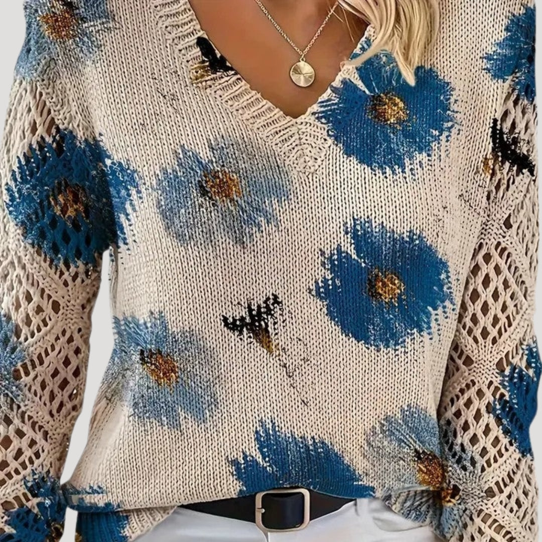 Maglione primaverile a maglia floreale con scollo a V per donne