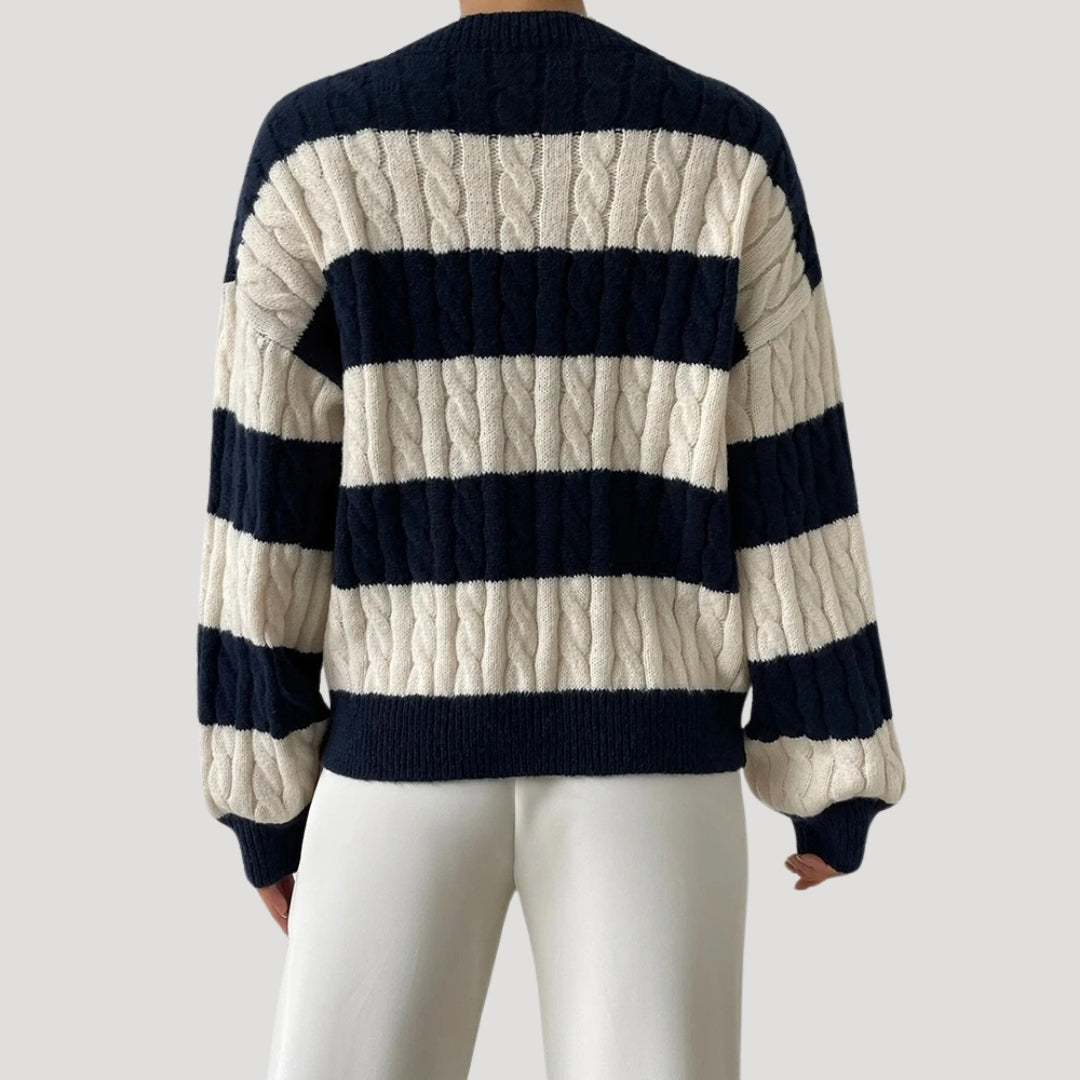 Maglione oversize a righe con scollo a V in lavorazione a trecce per donna