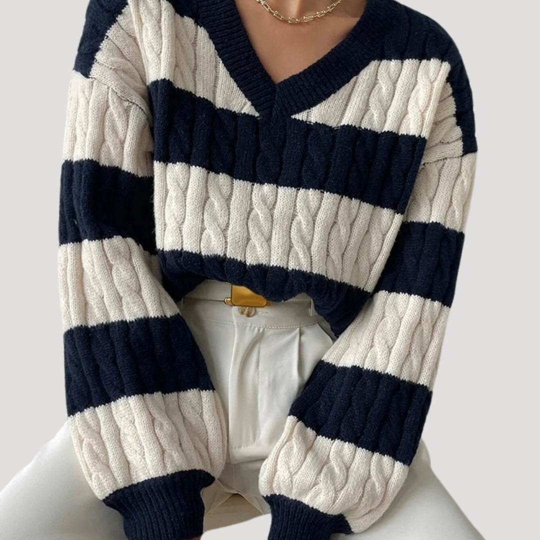Maglione oversize a righe con scollo a V in lavorazione a trecce per donna