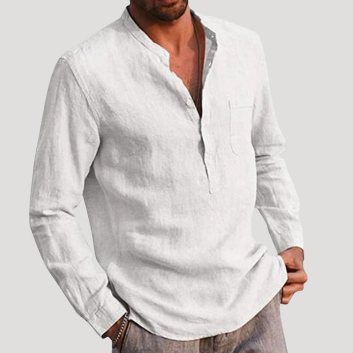 Camicia da uomo in lino a maniche lunghe con colletto alla nonna