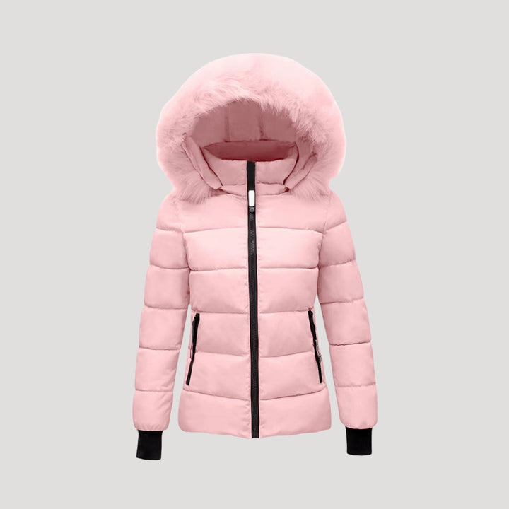 Giacca invernale da donna – giacca imbottita con cappuccio in pelliccia sintetica