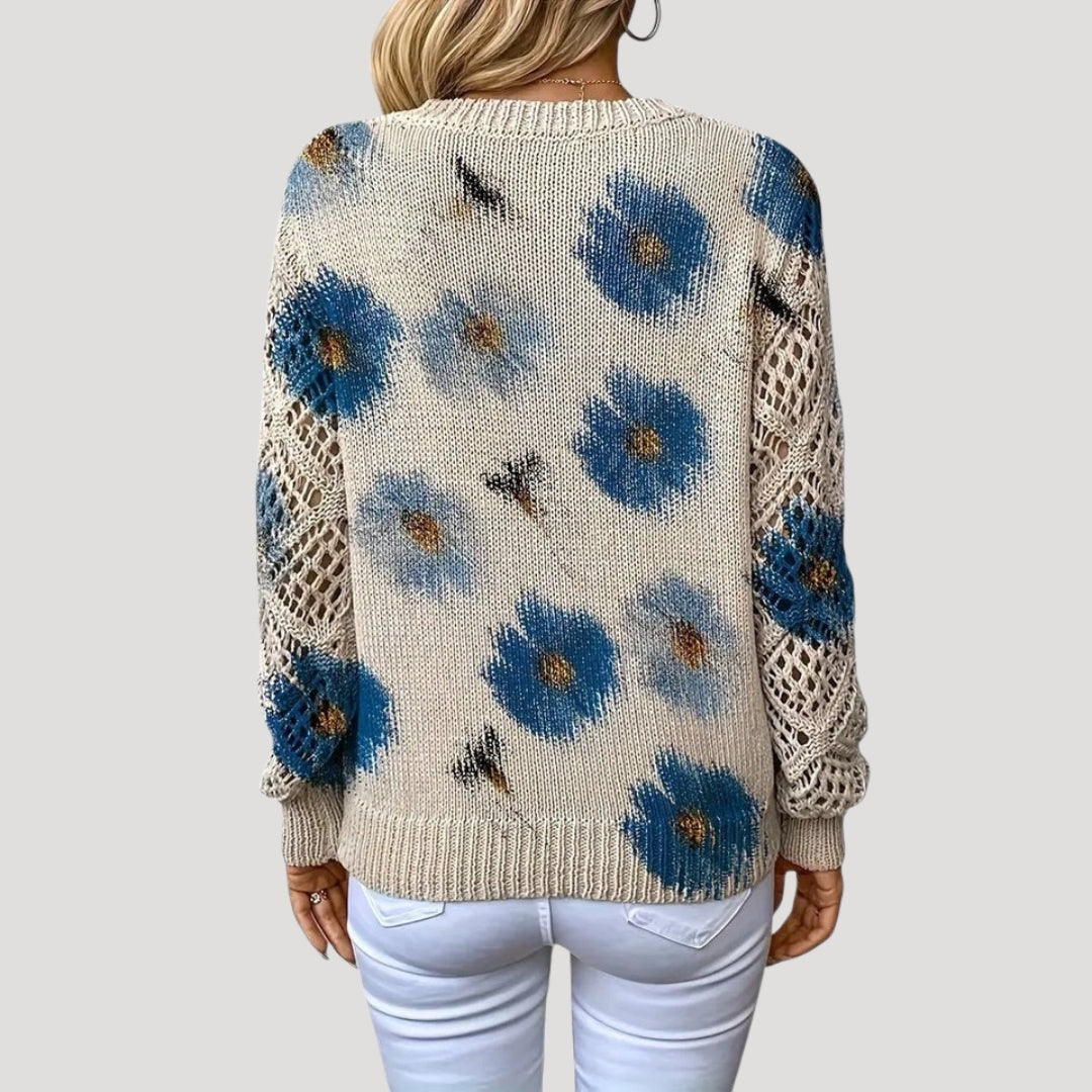 Maglione primaverile a maglia floreale con scollo a V per donne