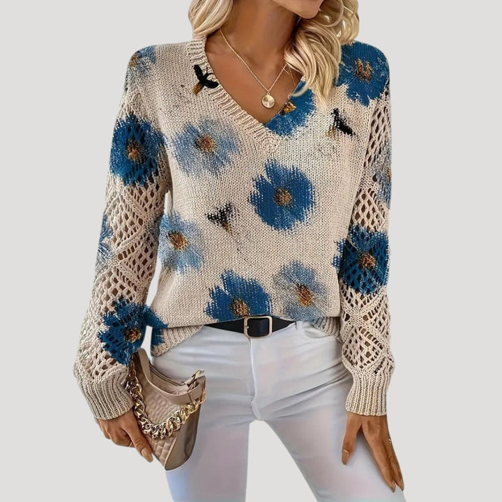 Maglione primaverile a maglia floreale con scollo a V per donne