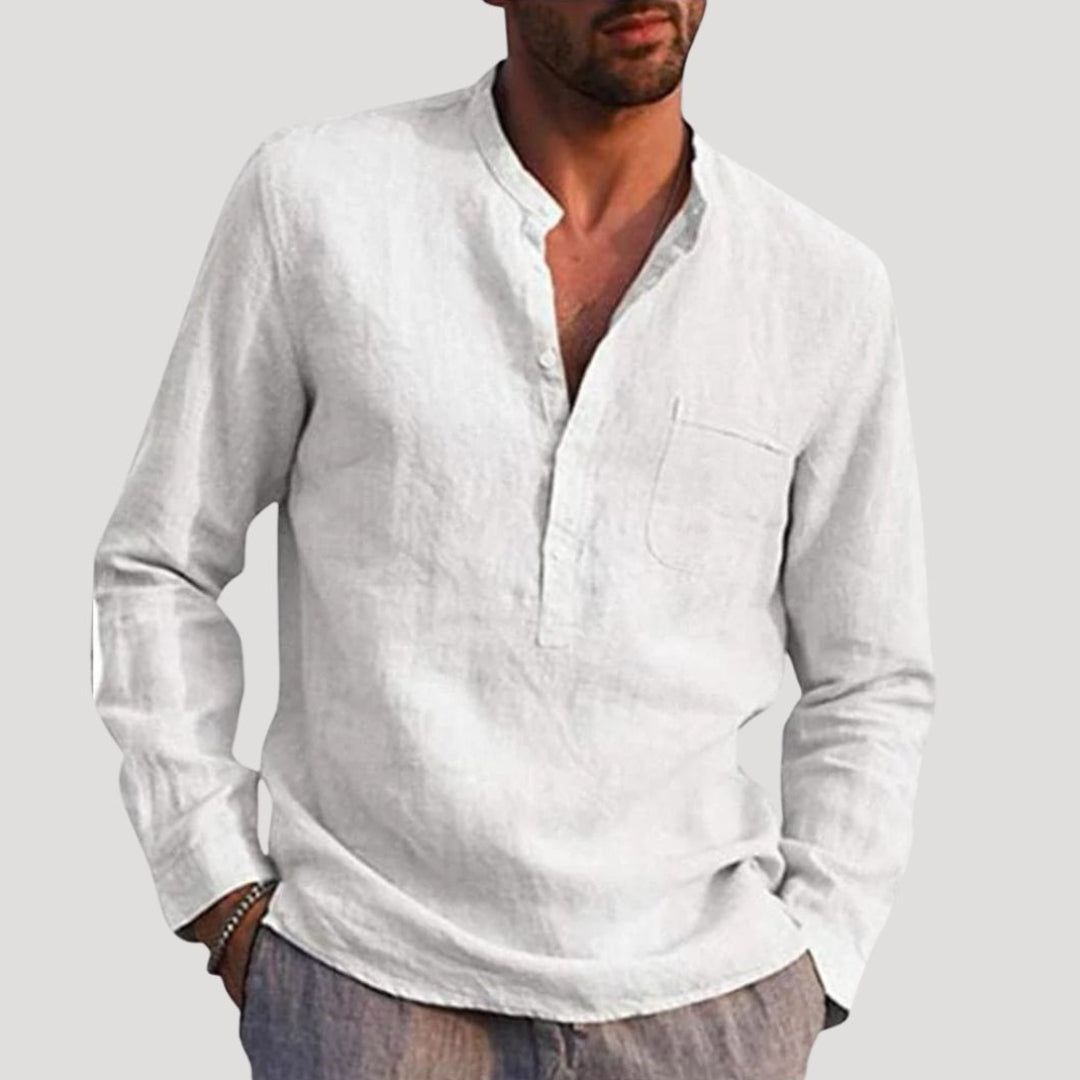 Camicia da uomo in lino a maniche lunghe con colletto alla nonna