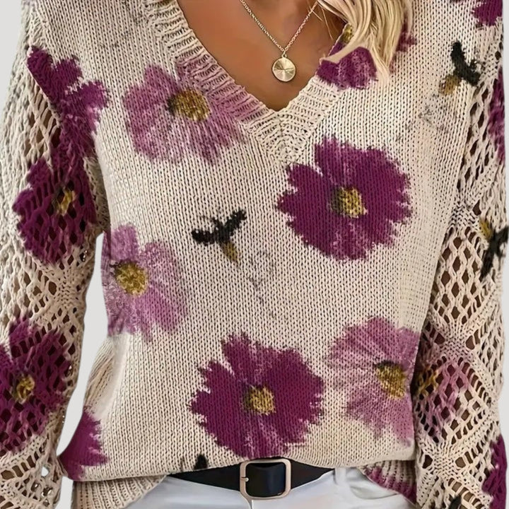 Maglione primaverile a maglia floreale con scollo a V per donne