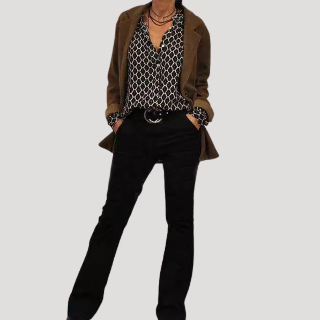 Blusa primaverile stampata da donna con maniche lunghe e scollo a v
