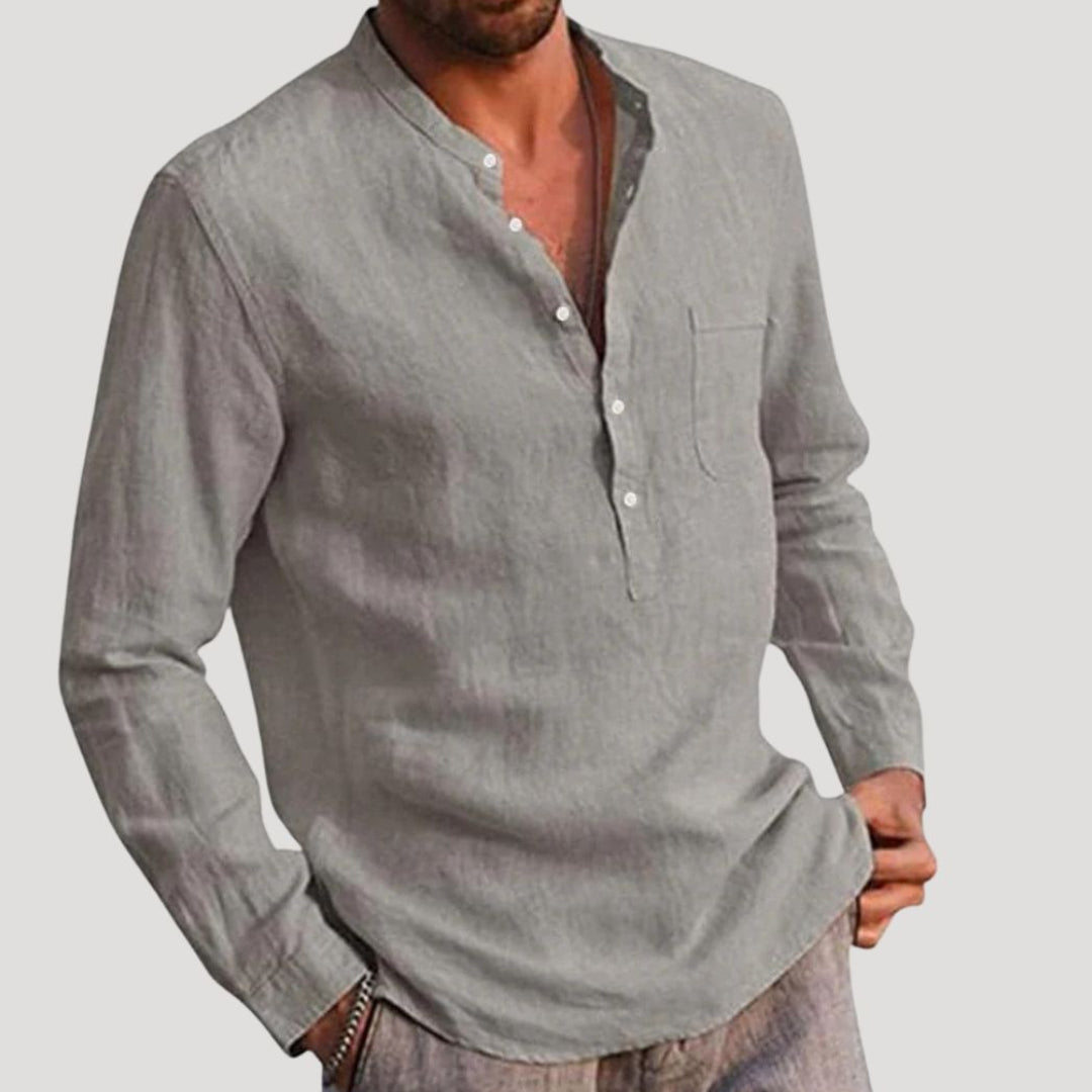 Camicia da uomo in lino a maniche lunghe con colletto alla nonna