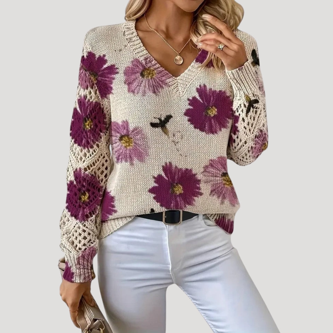 Maglione primaverile a maglia floreale con scollo a V per donne