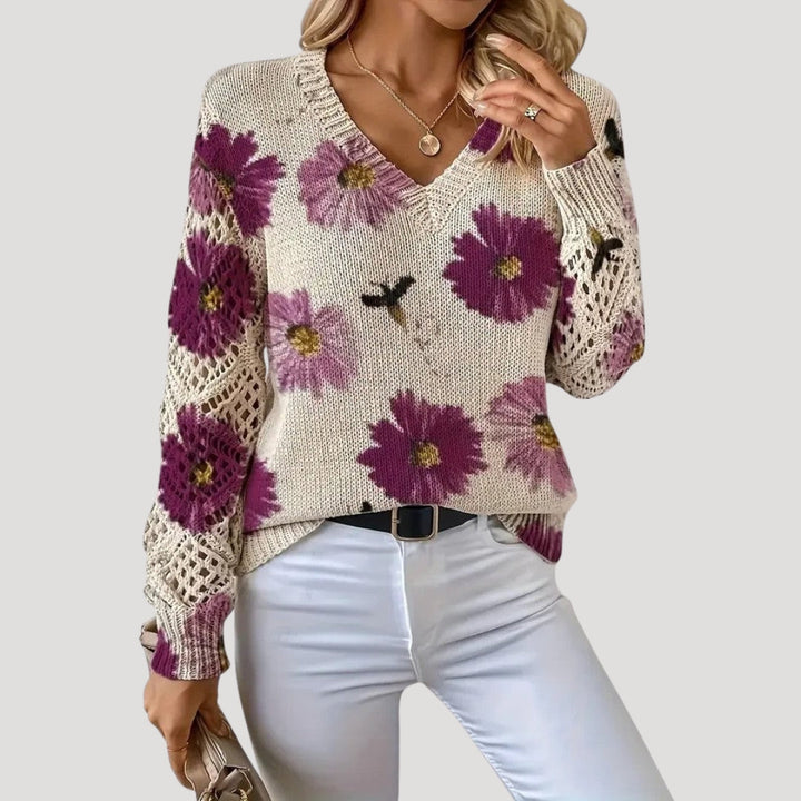 Maglione primaverile a maglia floreale con scollo a V per donne