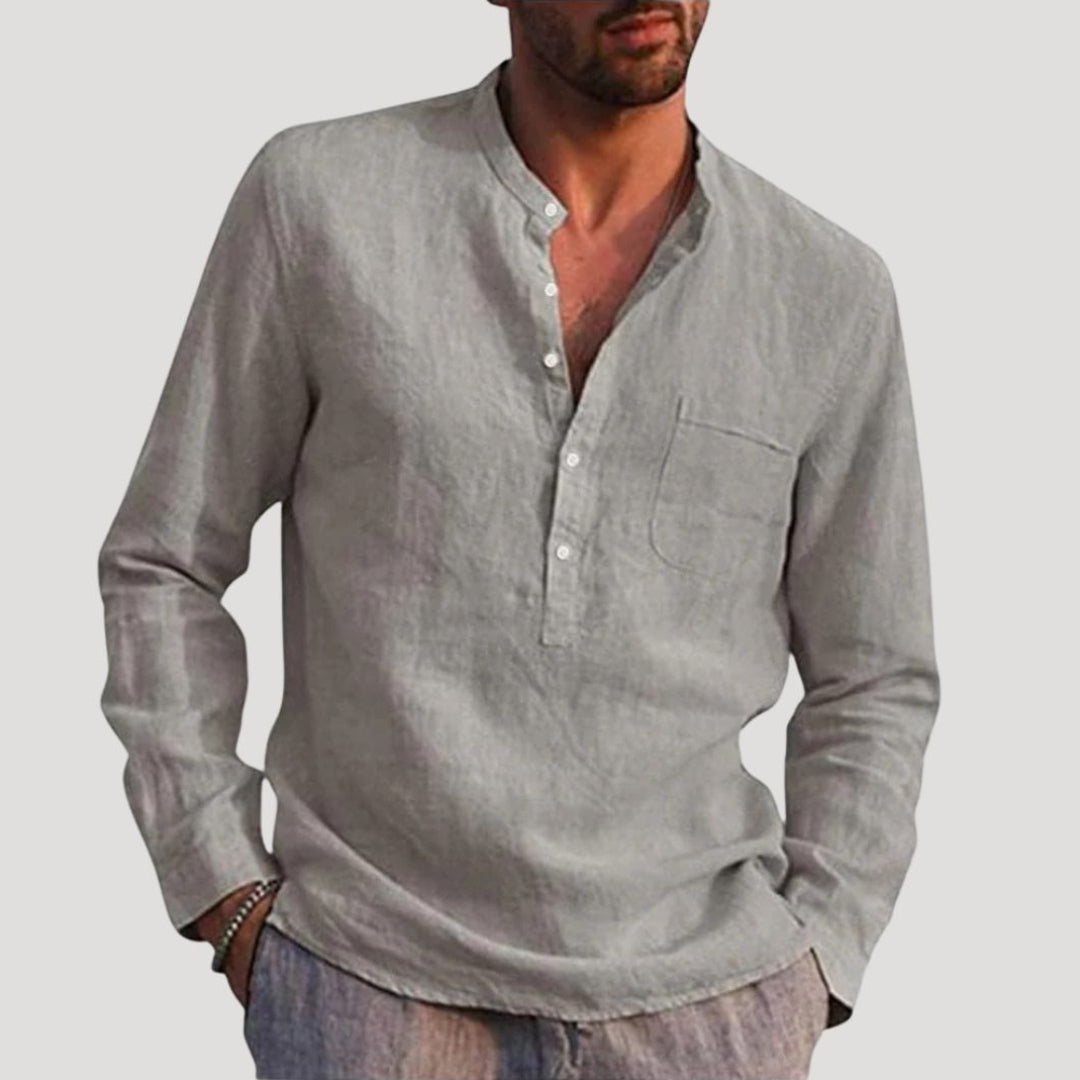 Camicia da uomo in lino a maniche lunghe con colletto alla nonna