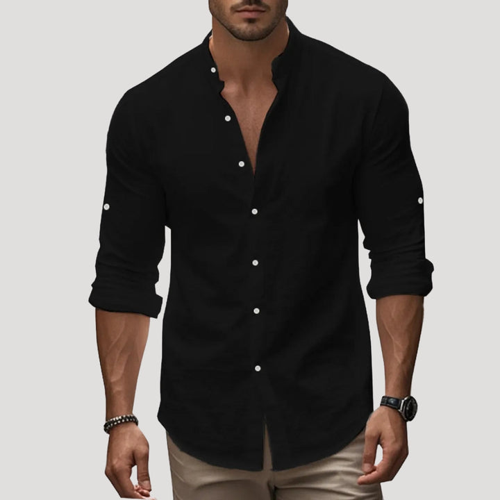 Camicia da uomo in lino con colletto alla nonna e maniche lunghe