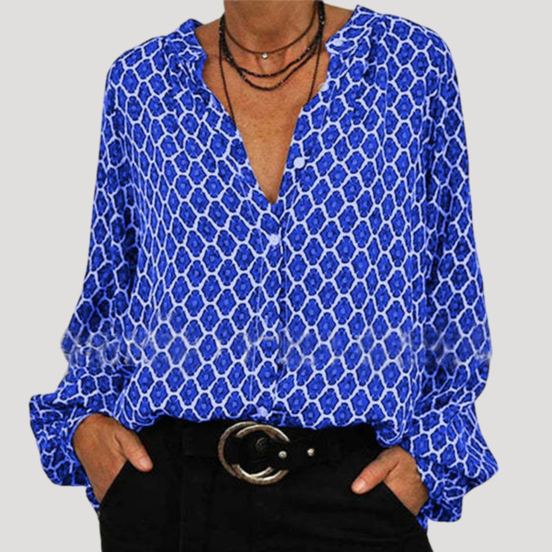 Blusa primaverile stampata da donna con maniche lunghe e scollo a v