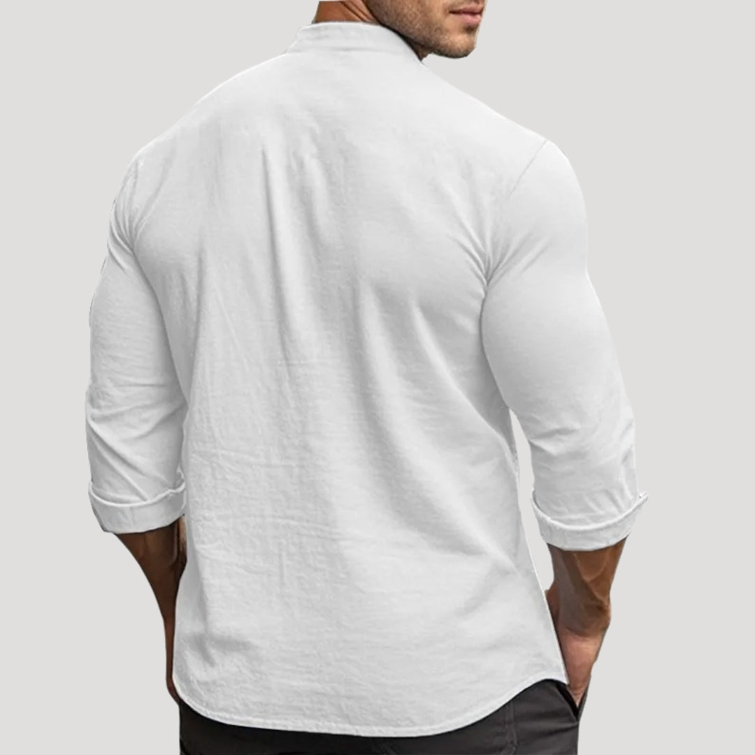 Camicia da uomo in lino con colletto alla nonna e maniche lunghe
