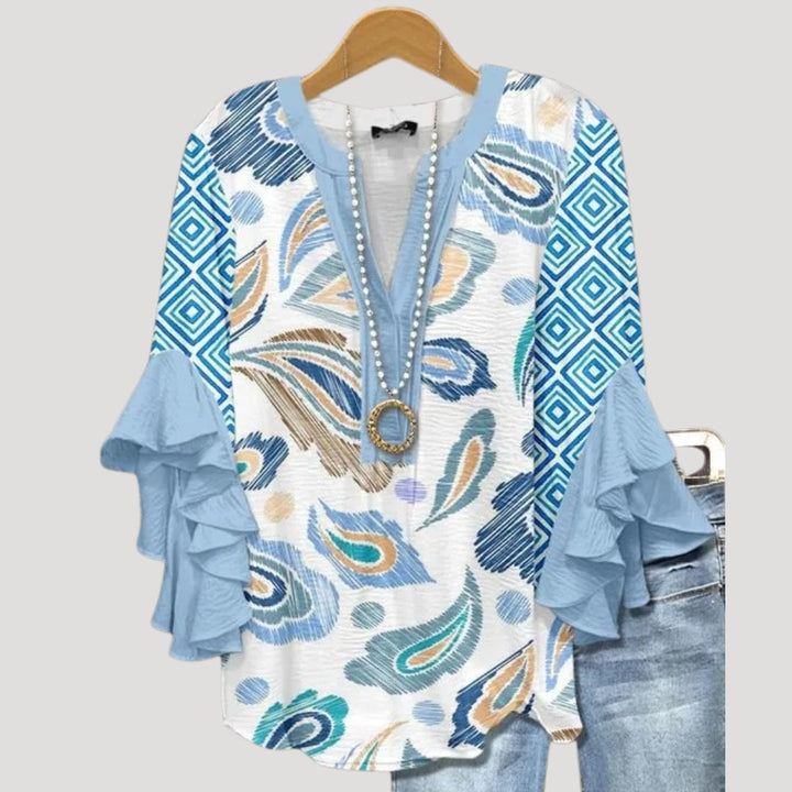 Blusa floreale a maniche a volant con scollo a V per donne